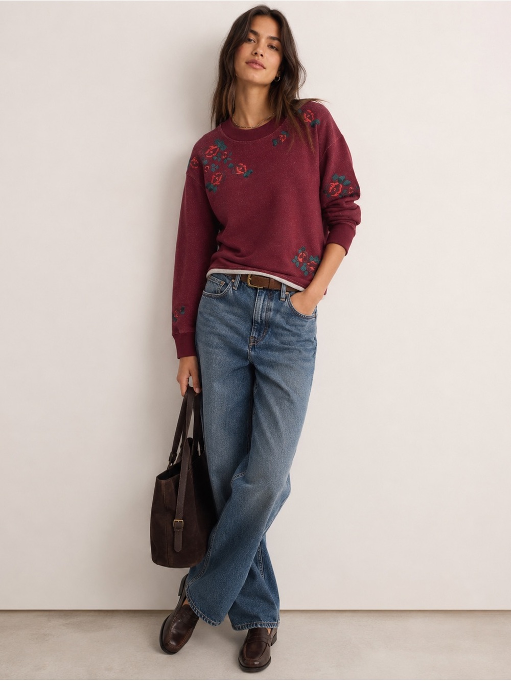 Mile(s) by Madewell Floral Embroidered Cutoff Sweatshirt in Deep Crimson